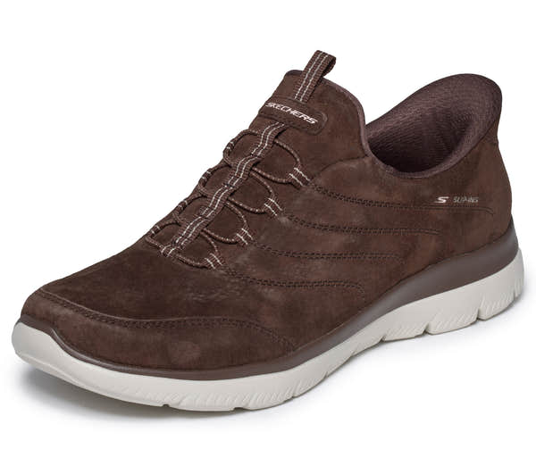 Skechers 150342 Summits - Luxe Stride Ladies Brown Leather Mix Shoes, left side view.
