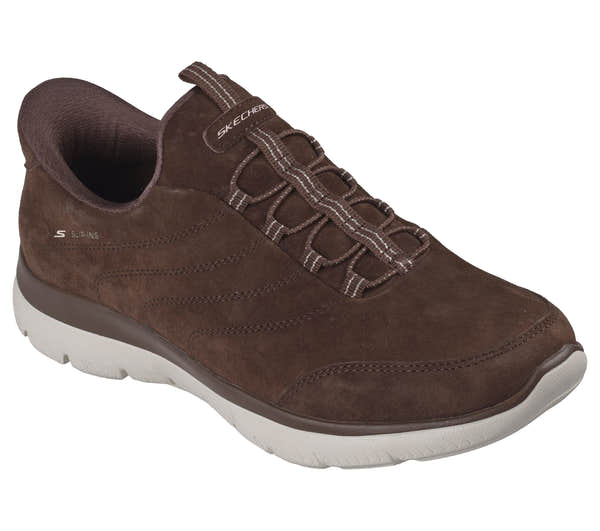 Skechers 150342 Summits - Luxe Stride Ladies Brown Leather Mix Shoes, outer side view.
