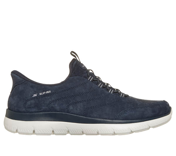 Skechers 150342 Summits - Luxe Stride Ladies Navy Leather Mix Shoes, front three-quarter view.