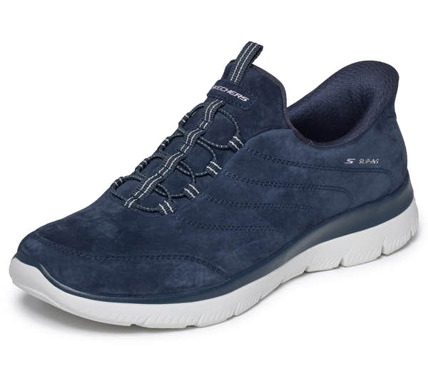 Skechers 150342 Summits - Luxe Stride Ladies Navy Leather Mix Shoes, left side view.