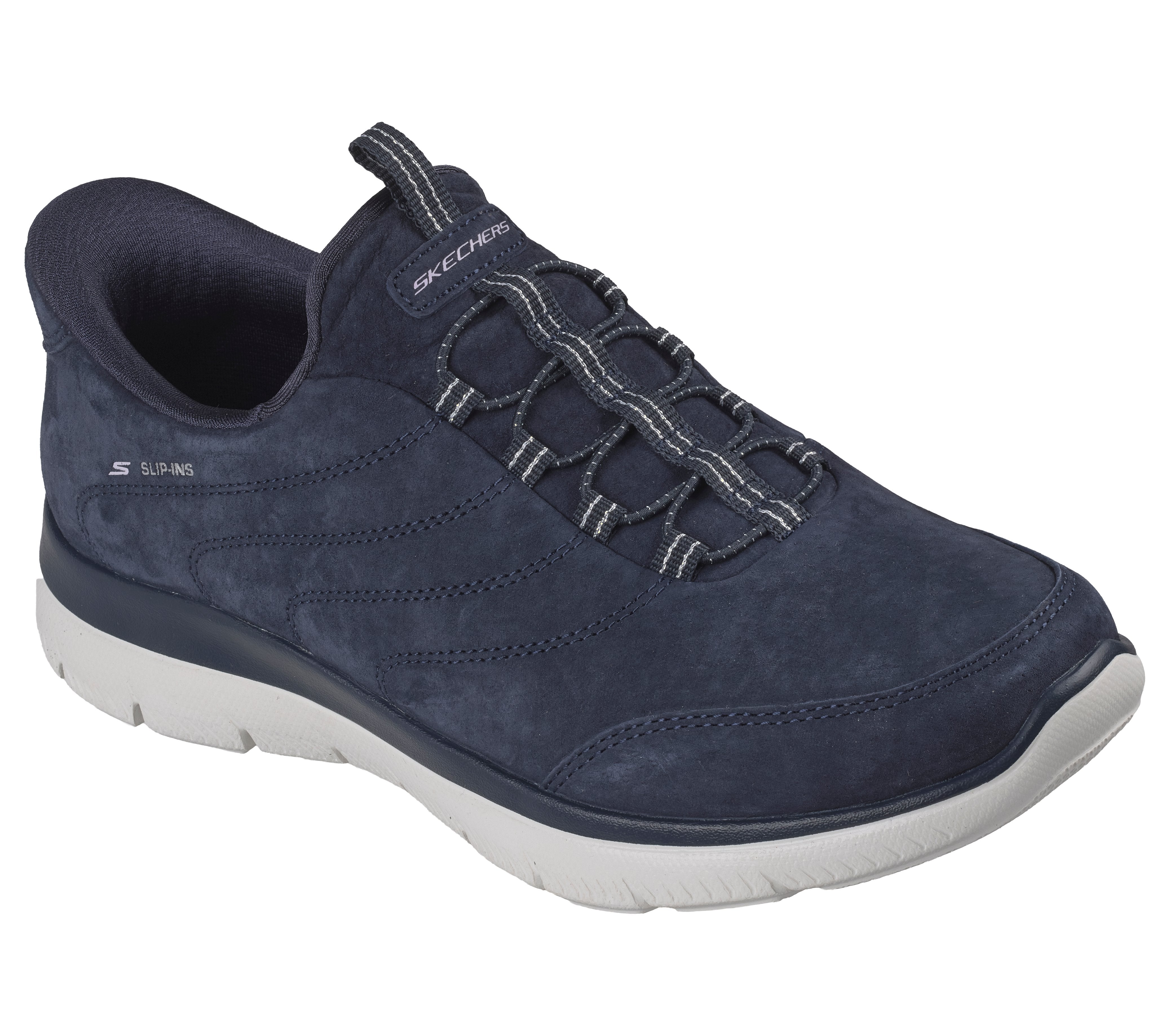Skechers 150342 Summits - Luxe Stride Ladies Navy Leather Mix Shoes, outer side view.