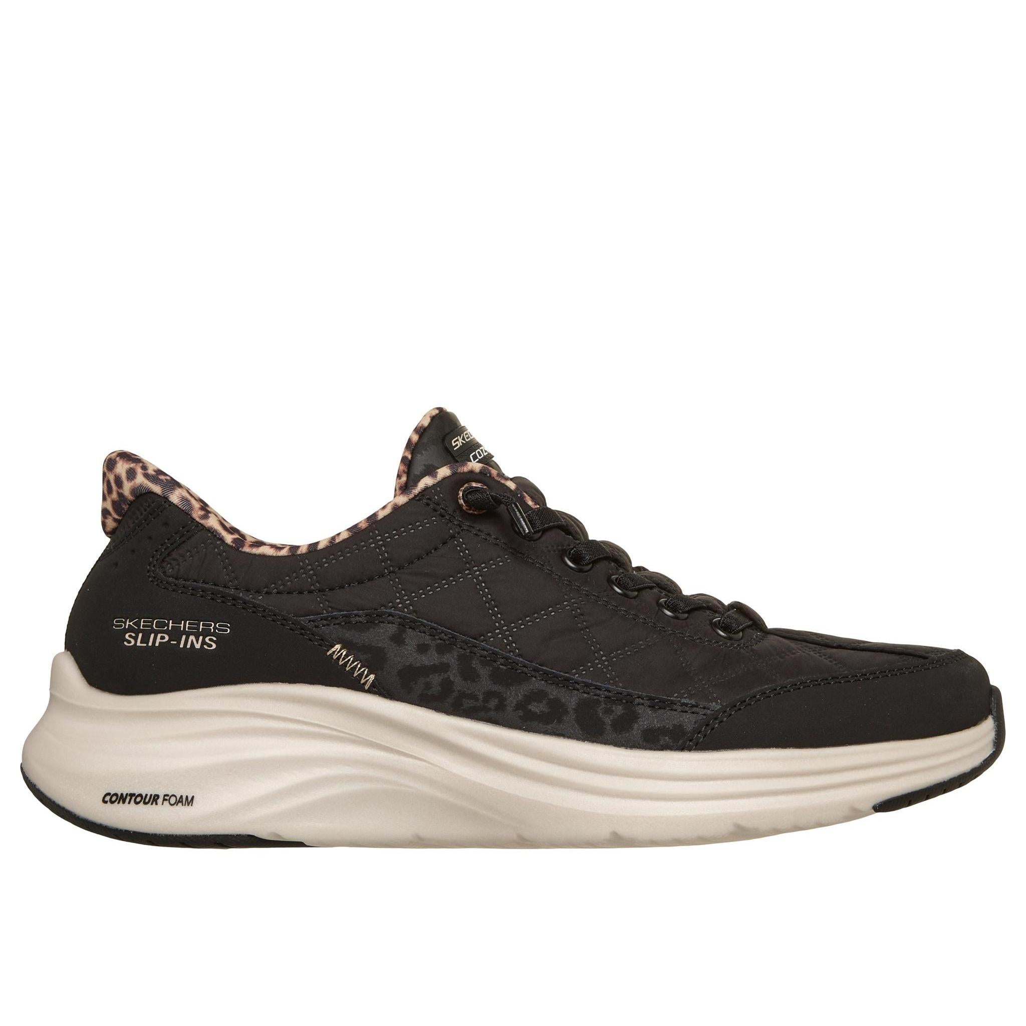Skechers 150419 Contour Foam-Leopard Dream Ladies Black Cozypoly Textile Trainers, front three-quarter view.