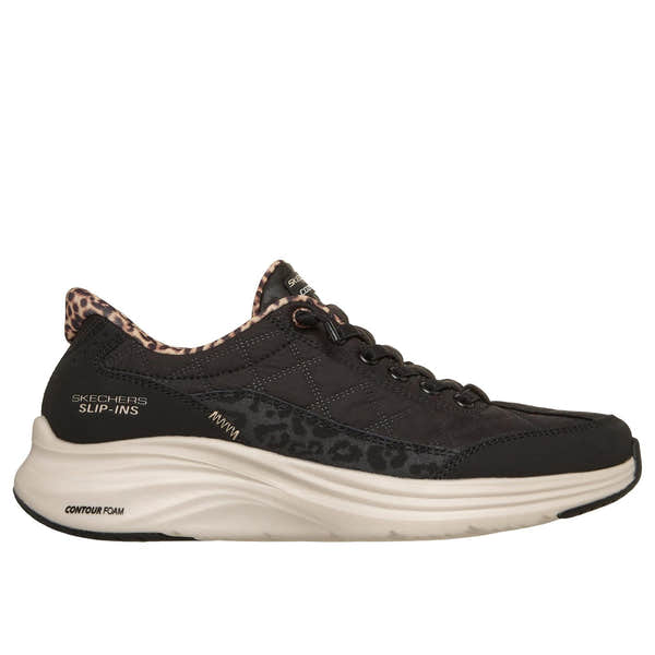 Skechers 150419 Contour Foam-Leopard Dream Ladies Black Cozypoly Textile Trainers, front three-quarter view.