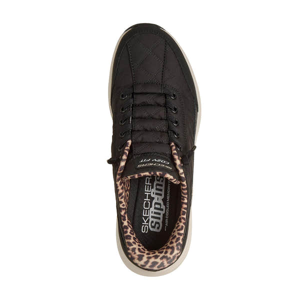 Skechers 150419 Contour Foam-Leopard Dream Ladies Black Cozypoly Textile Trainers, insole and footbed view.