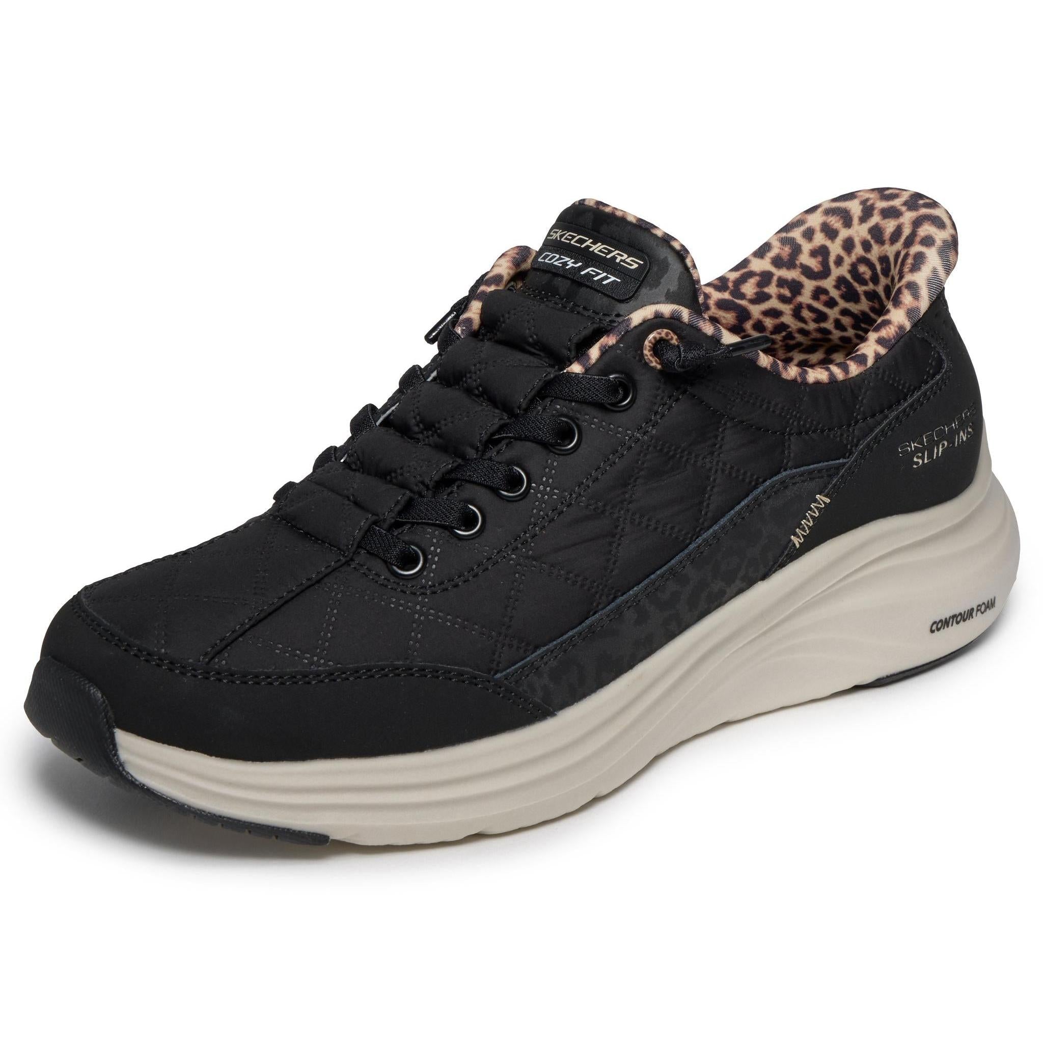 Skechers 150419 Contour Foam-Leopard Dream Ladies Black Cozypoly Textile Trainers, left side view.