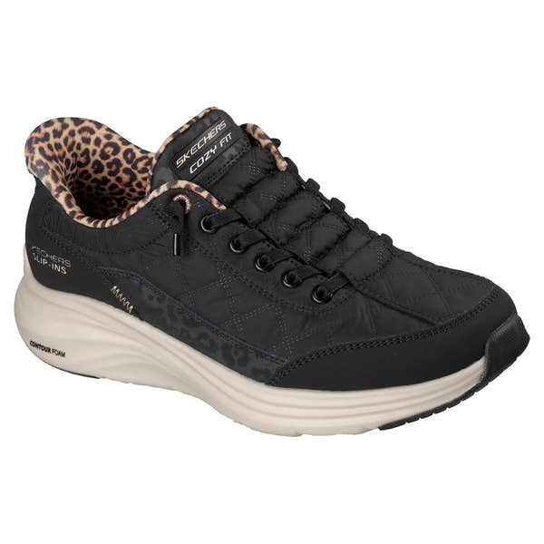 Skechers 150419 Contour Foam-Leopard Dream Ladies Black Cozypoly Textile Trainers, outer side view.