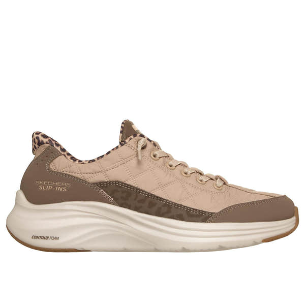 Skechers 150419 Contour Foam-Leopard Dream Ladies Brown Cozypoly Textile Trainers, front three-quarter view.