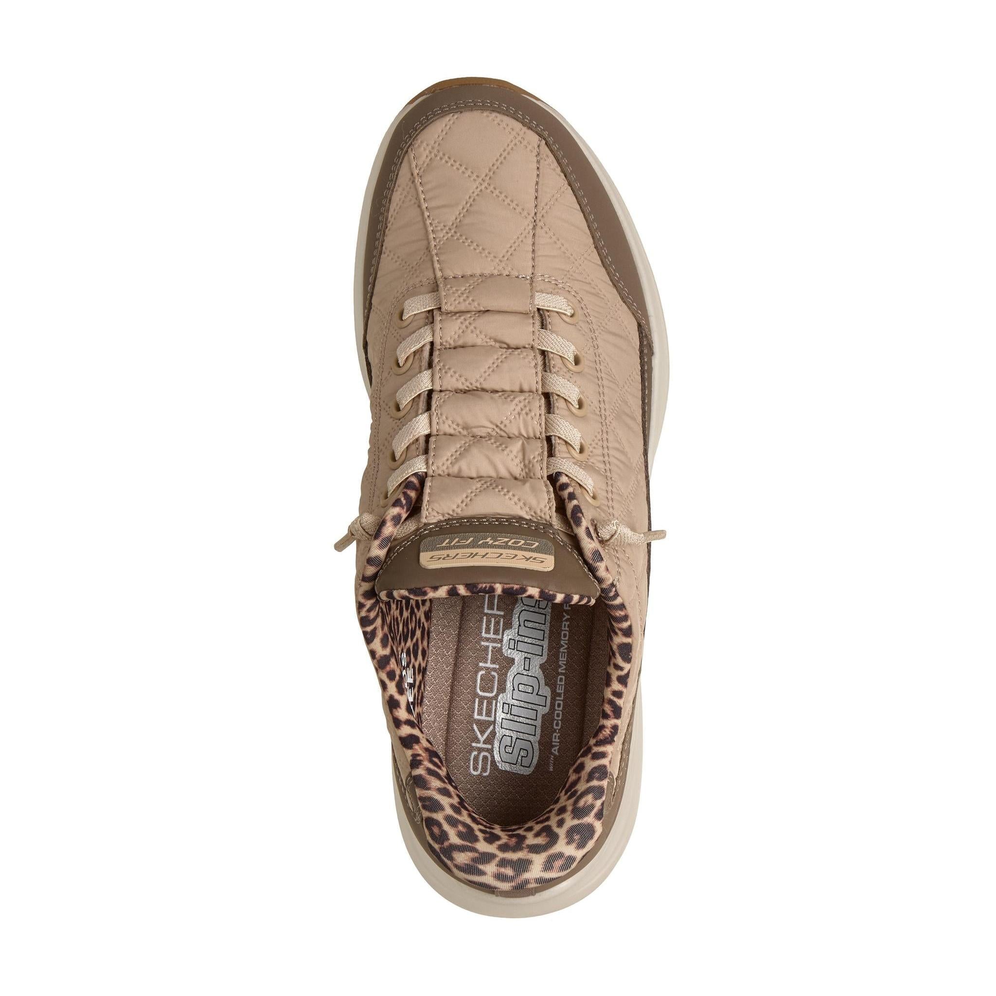 Skechers 150419 Contour Foam-Leopard Dream Ladies Brown Cozypoly Textile Trainers, insole and footbed view.