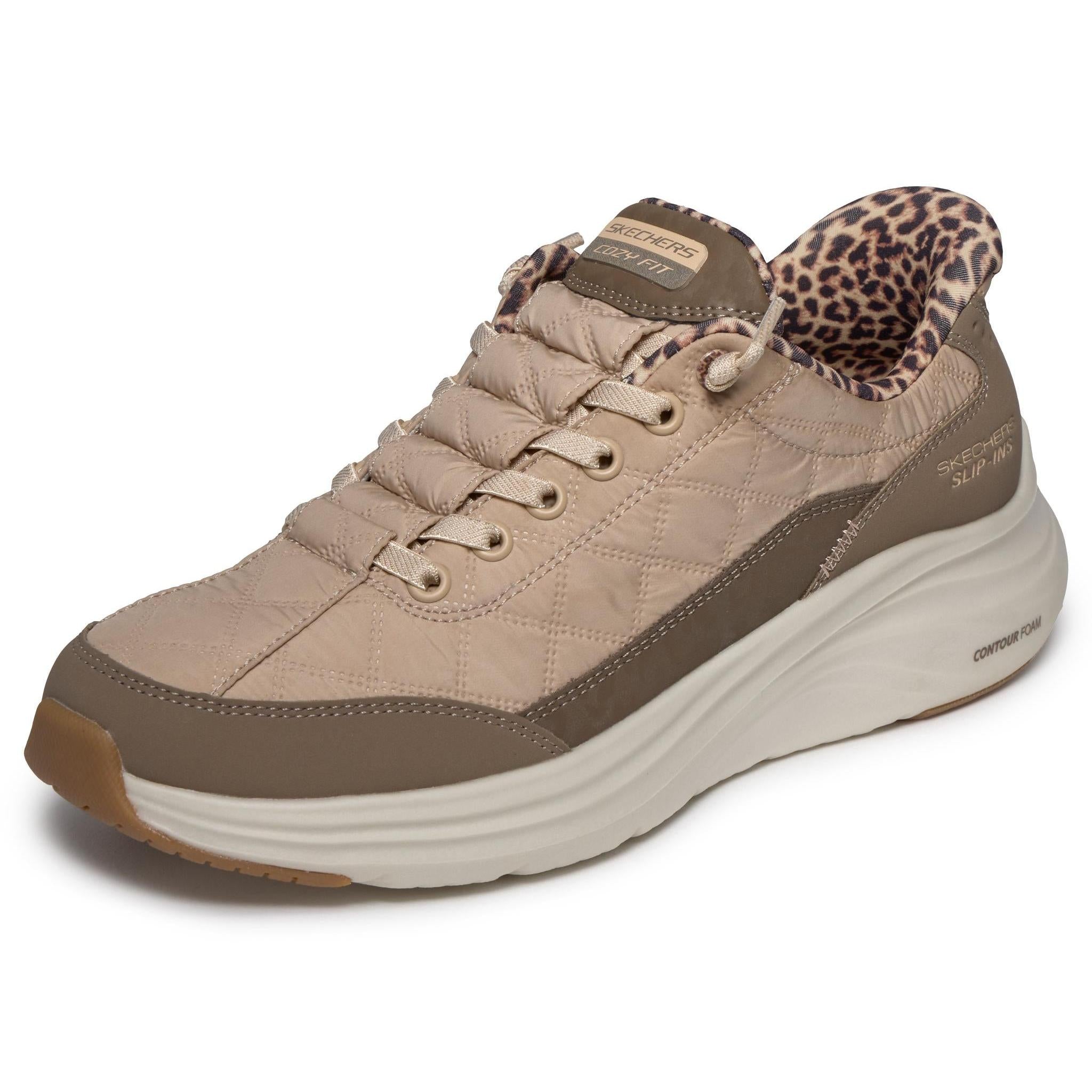 Skechers 150419 Contour Foam-Leopard Dream Ladies Brown Cozypoly Textile Trainers, left side view.