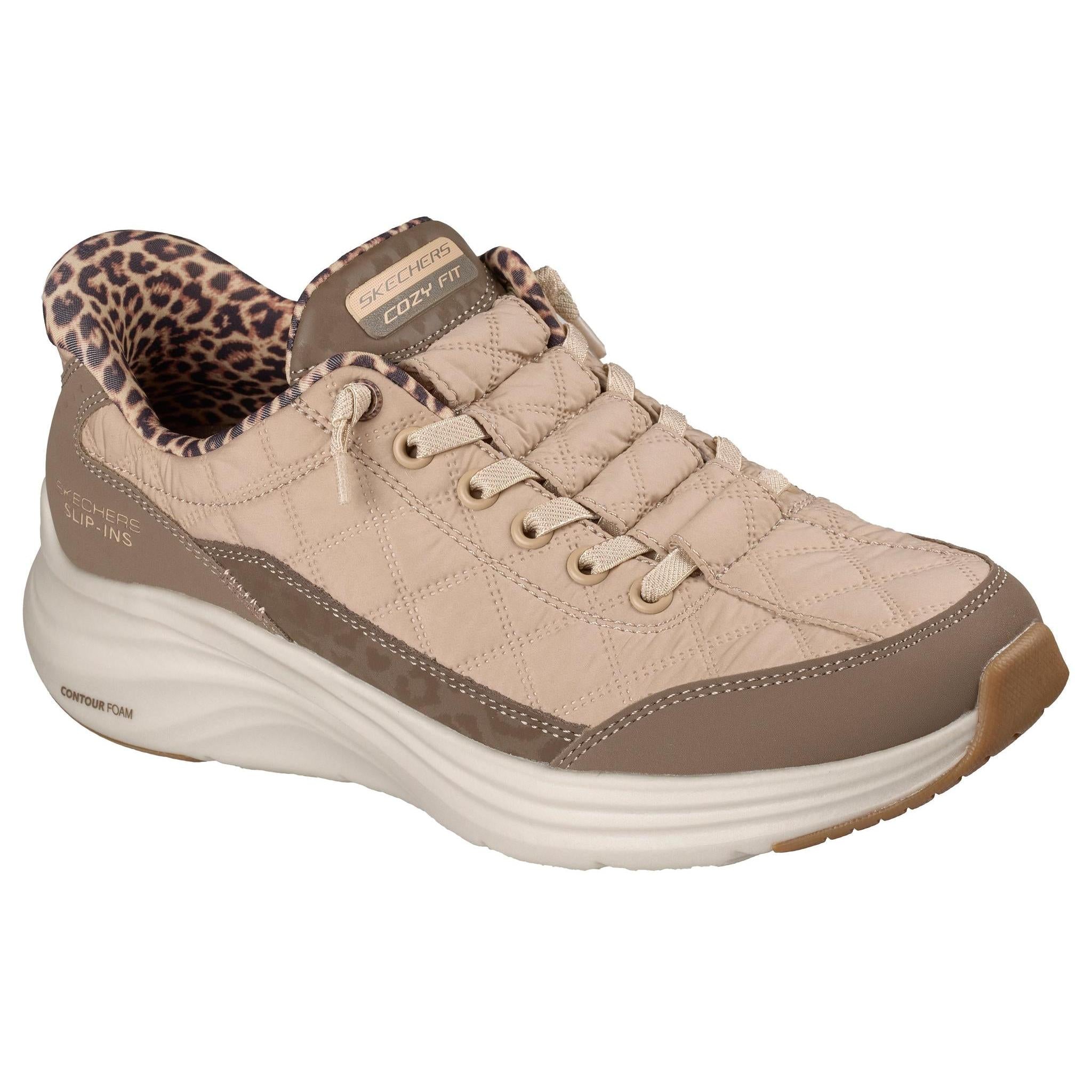 Skechers 150419 Contour Foam-Leopard Dream Ladies Brown Cozypoly Textile Trainers, outer side view.