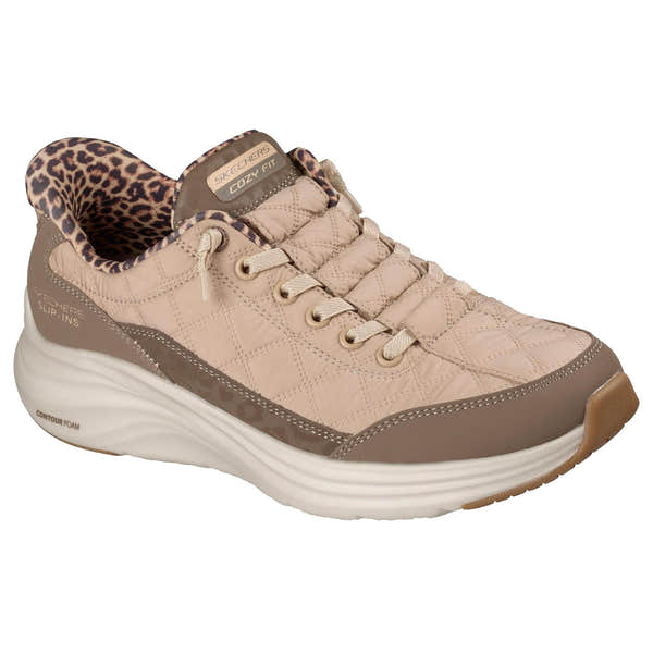 Skechers 150419 Contour Foam-Leopard Dream Ladies Brown Cozypoly Textile Trainers, outer side view.