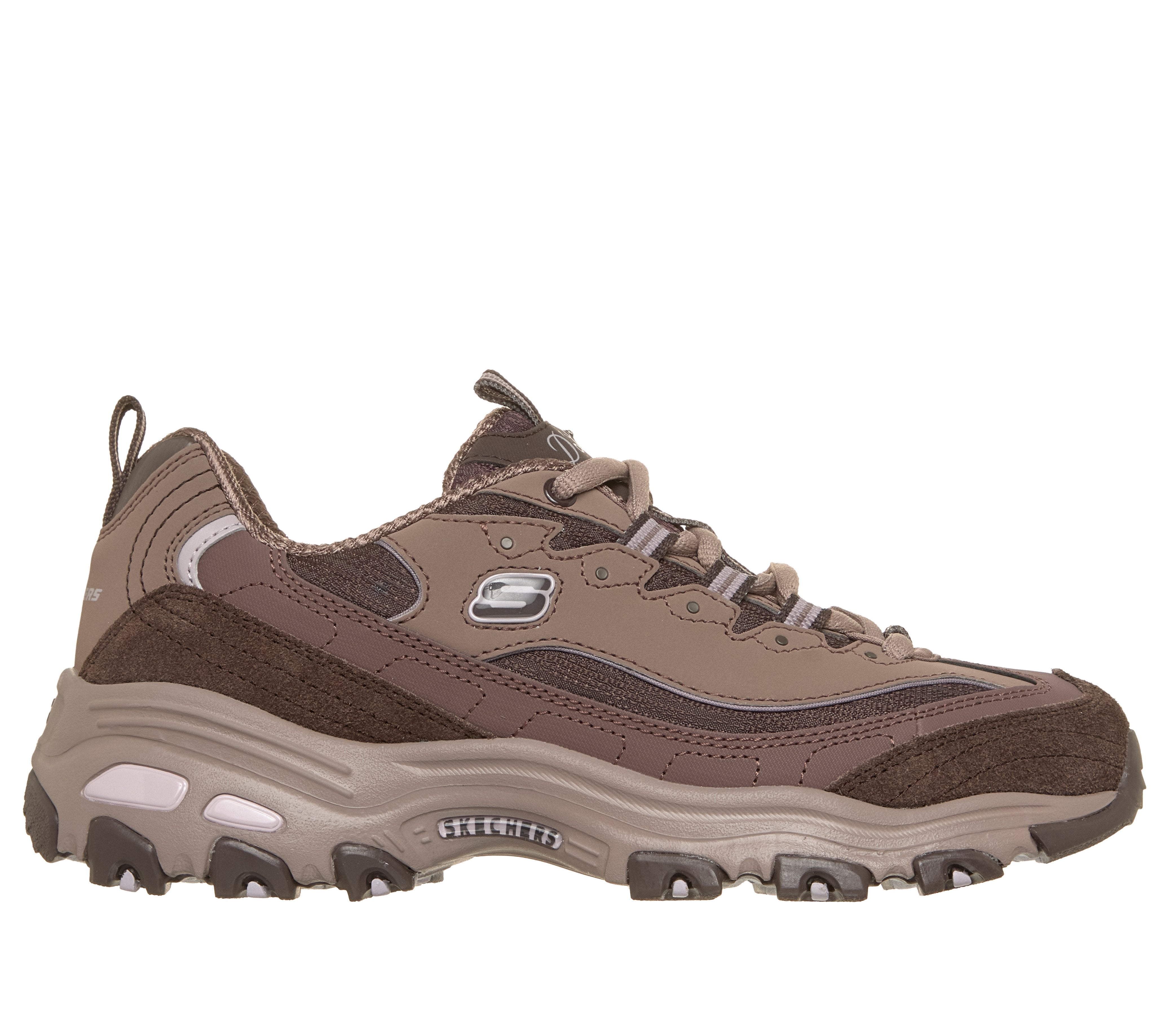Skechers 150872 D'Lites-Modern Classic Ladies Brown Textile Shoes, front three-quarter view.
