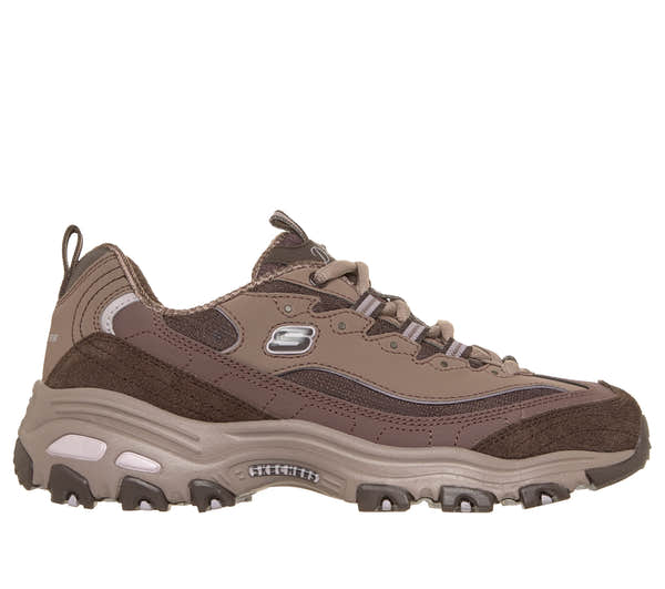 Skechers 150872 D'Lites-Modern Classic Ladies Brown Textile Shoes, front three-quarter view.