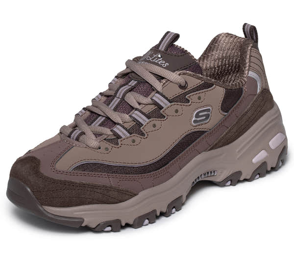 Skechers 150872 D'Lites-Modern Classic Ladies Brown Textile Shoes, left side view.