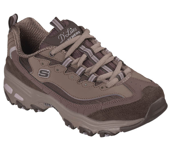Skechers 150872 D'Lites-Modern Classic Ladies Brown Textile Shoes, outer side view.