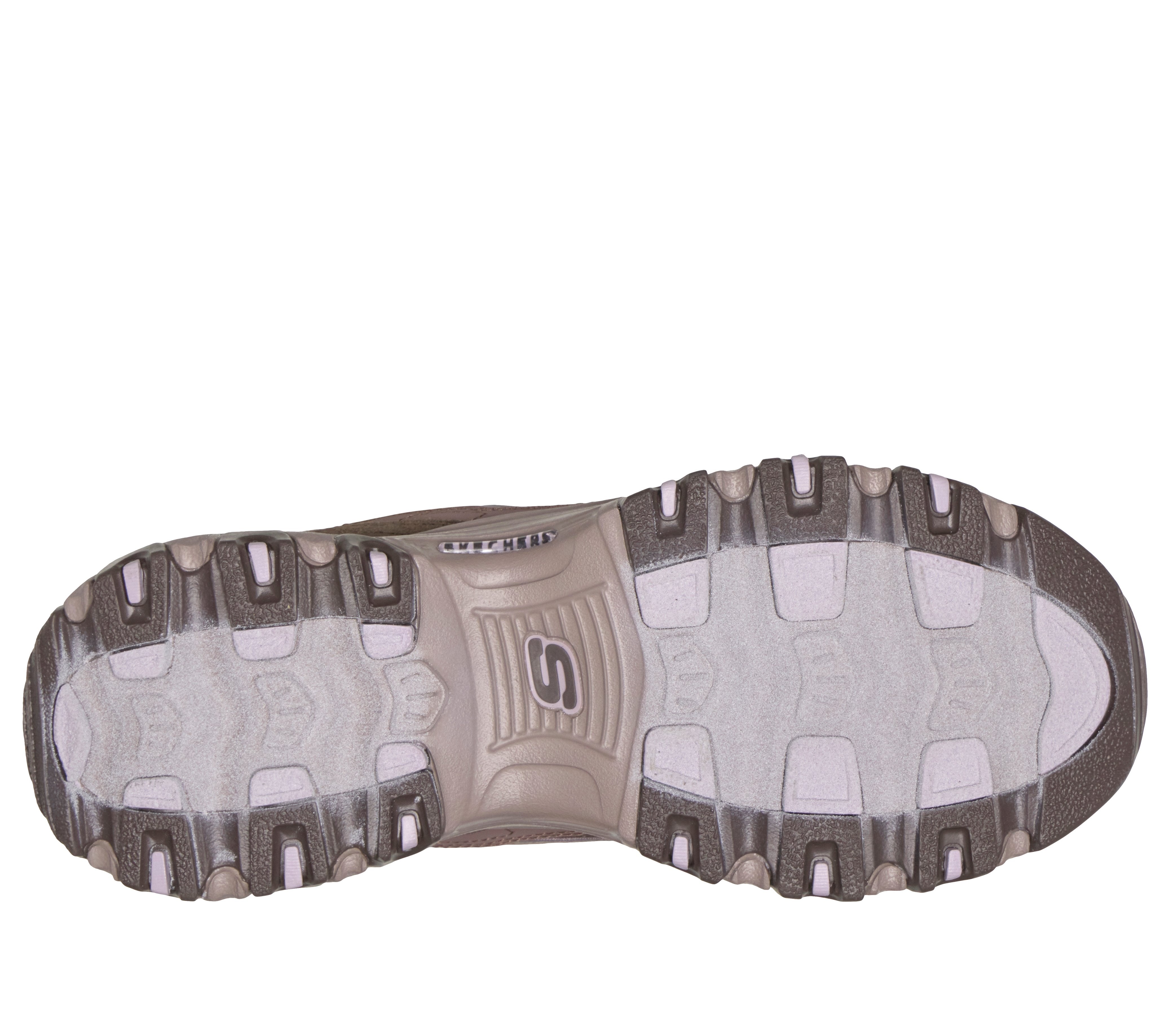 Skechers 150872 D'Lites-Modern Classic Ladies Brown Textile Shoes, sole and tread view.