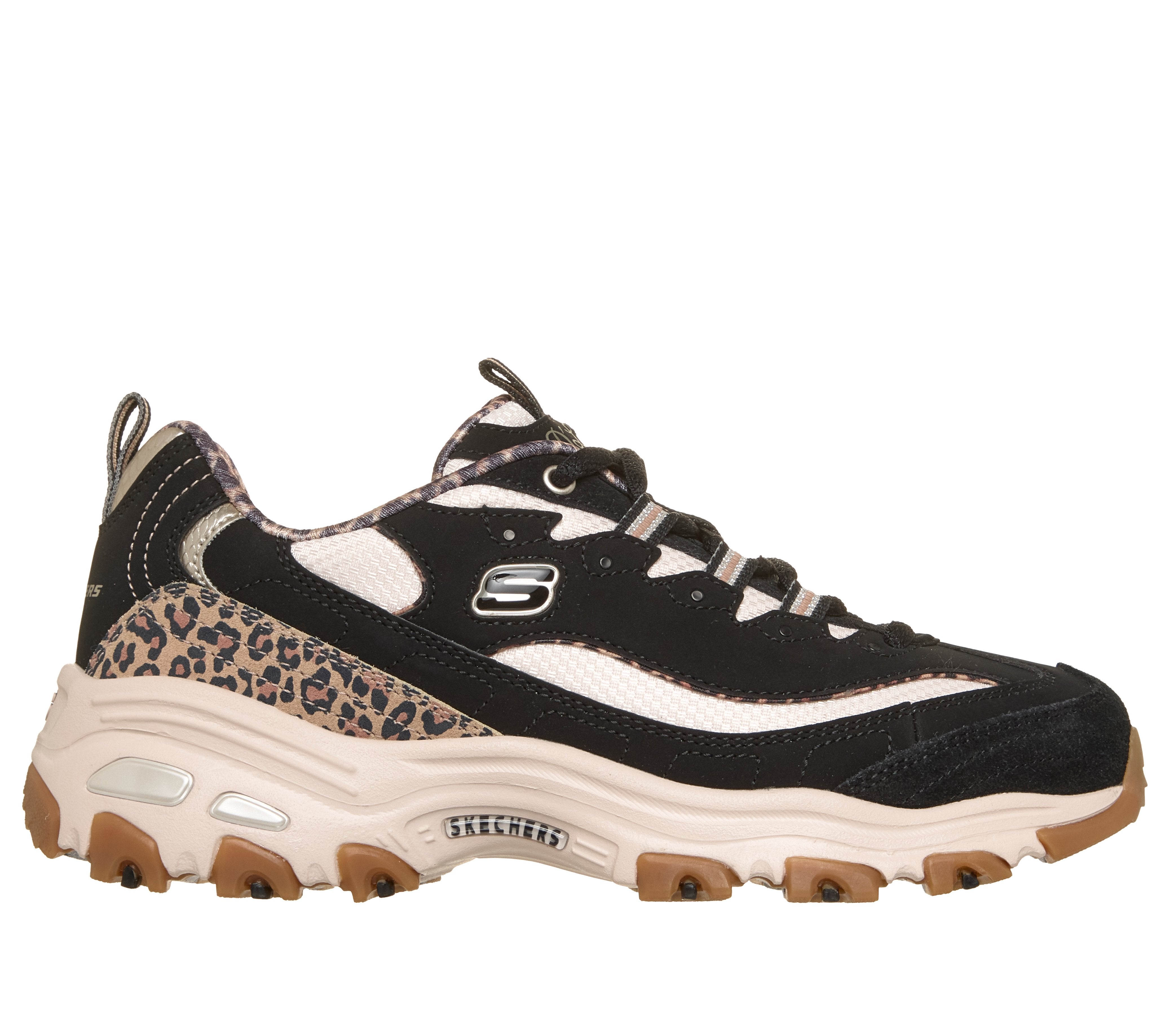 Skechers 150877 D'Lites-Wild Charm Ladies Black Textile Shoes, front three-quarter view.