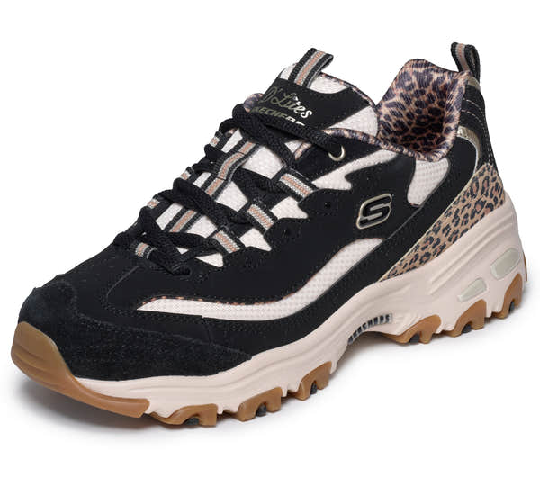 Skechers 150877 D'Lites-Wild Charm Ladies Black Textile Shoes, left side view.