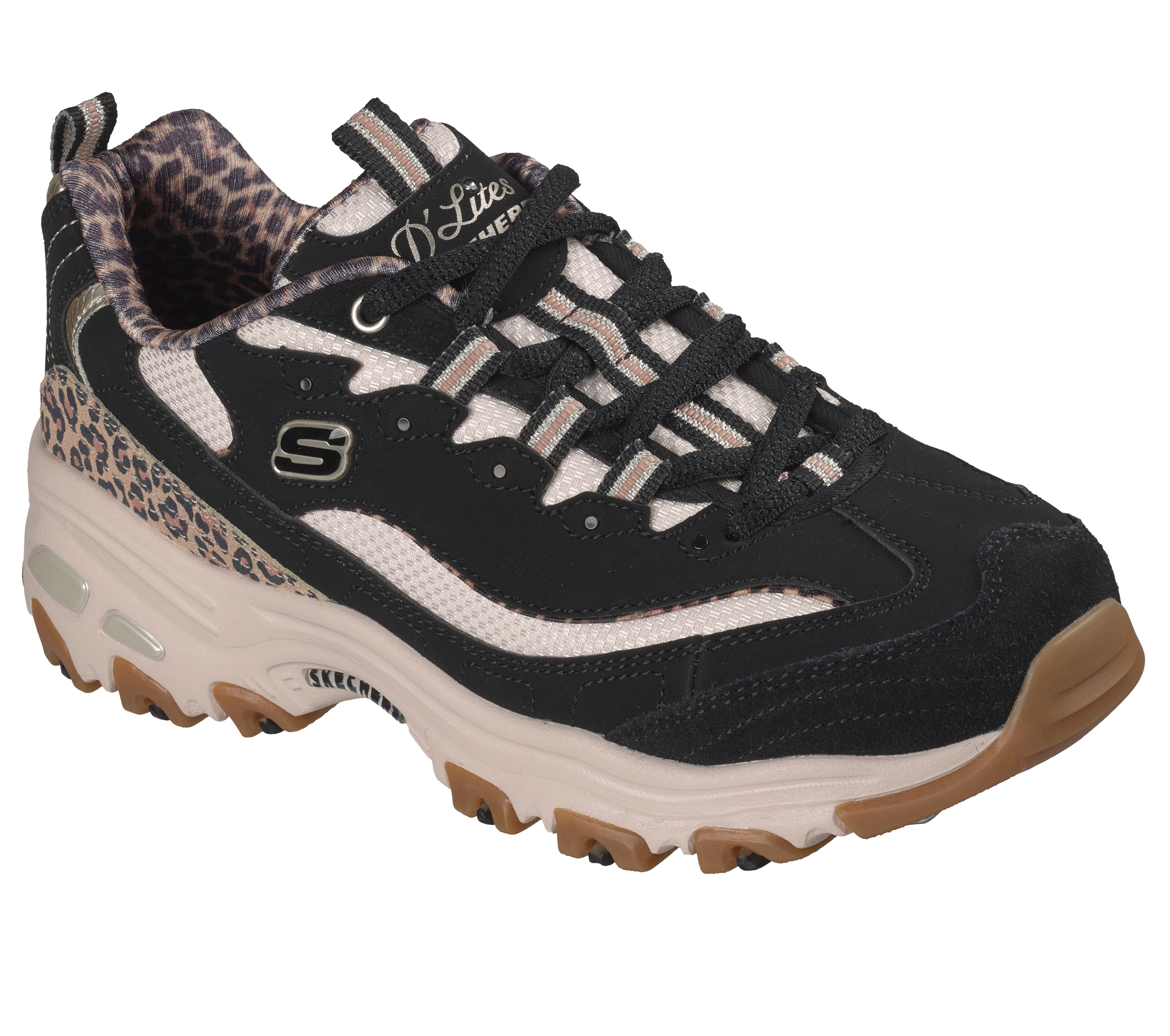 Skechers 150877 D'Lites-Wild Charm Ladies Black Textile Shoes, outer side view.
