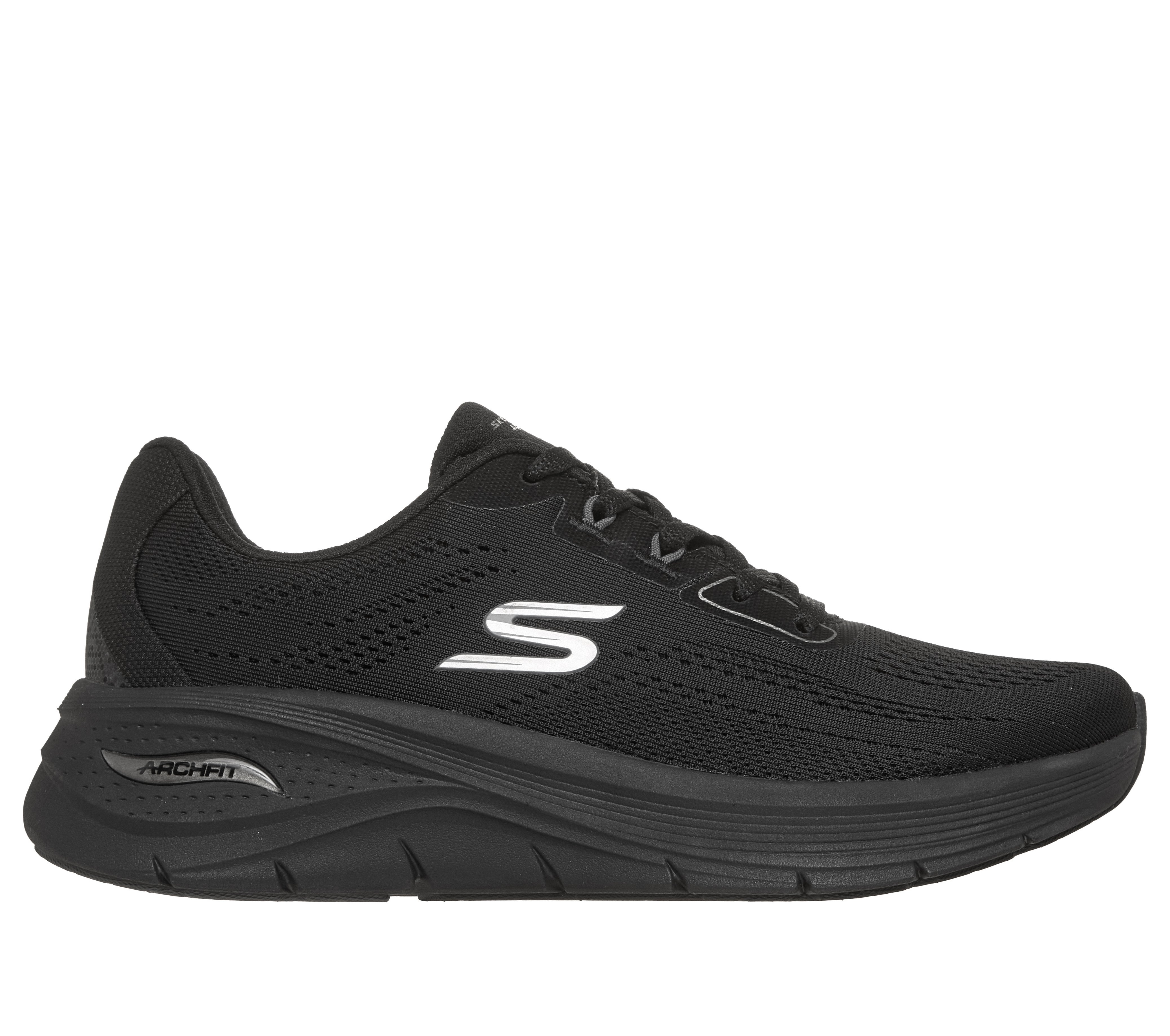 Skechers 150884 Arch Fit 3.0-Easy Flow Ladies Black Textile Shoes, front three-quarter view.