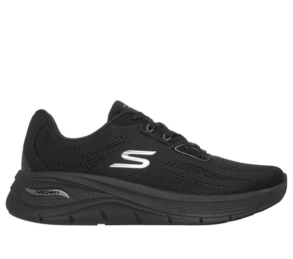 Skechers 150884 Arch Fit 3.0-Easy Flow Ladies Black Textile Shoes, front three-quarter view.
