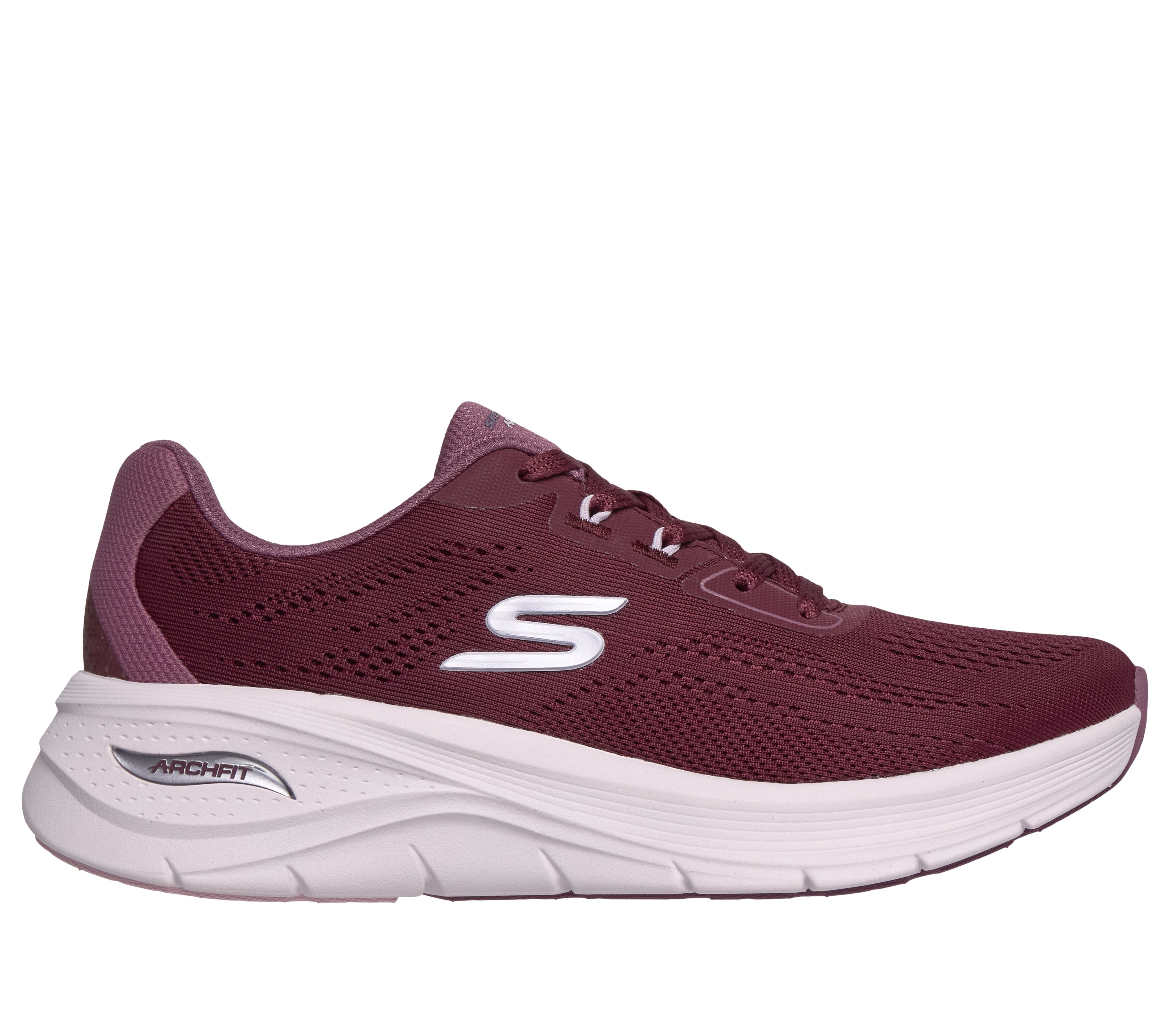 Skechers 150884 Arch Fit 3.0-Easy Flow Ladies Burgundy Textile Shoes, front three-quarter view.
