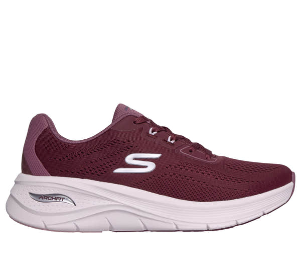 Skechers 150884 Arch Fit 3.0-Easy Flow Ladies Burgundy Textile Shoes, front three-quarter view.