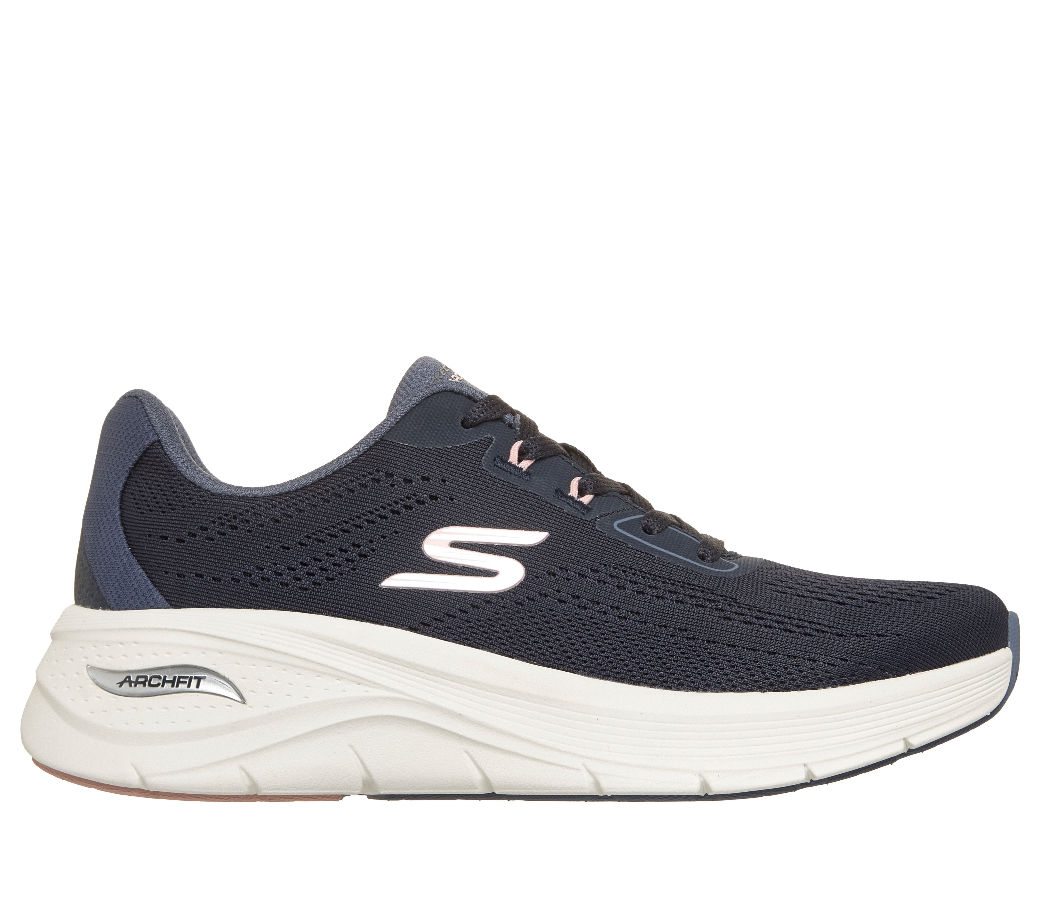 Skechers 150884 Arch Fit 3.0-Easy Flow Ladies Navy Textile Shoes, front three-quarter view.