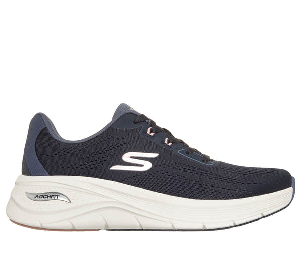 Skechers 150884 Arch Fit 3.0-Easy Flow Ladies Navy Textile Shoes, front three-quarter view.