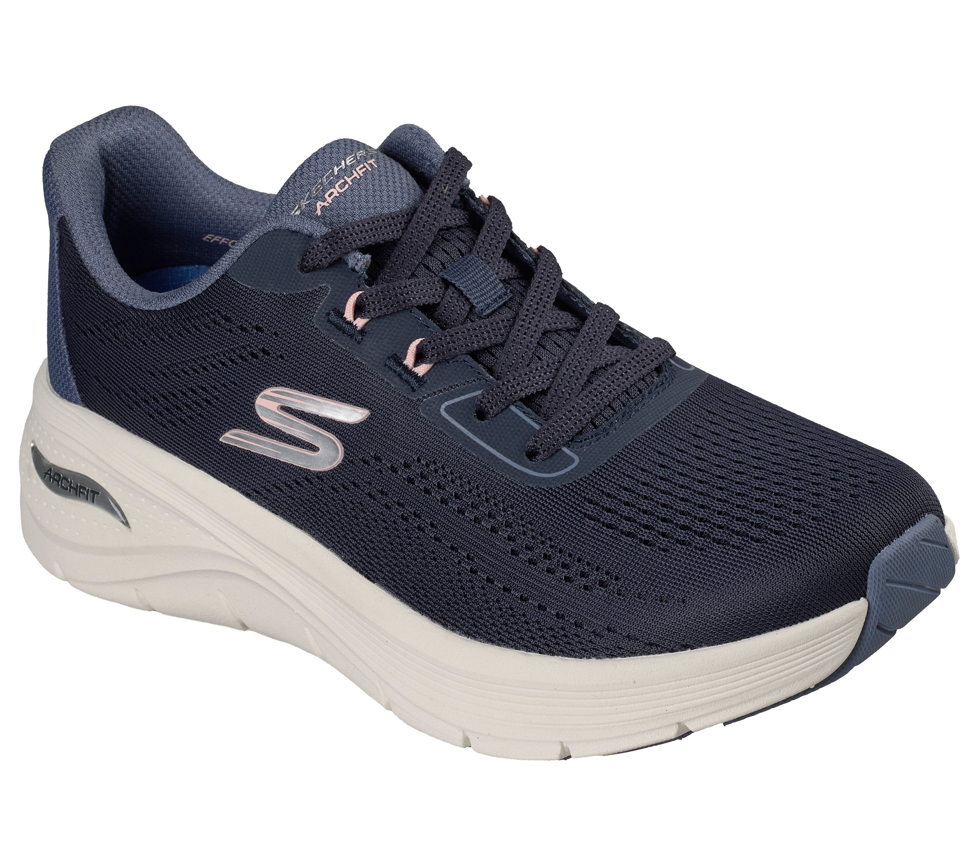 Skechers 150884 Arch Fit 3.0-Easy Flow Ladies Navy Textile Shoes, outer side view.