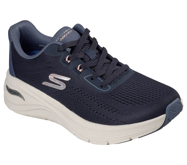 Skechers 150884 Arch Fit 3.0-Easy Flow Ladies Navy Textile Shoes, outer side view.