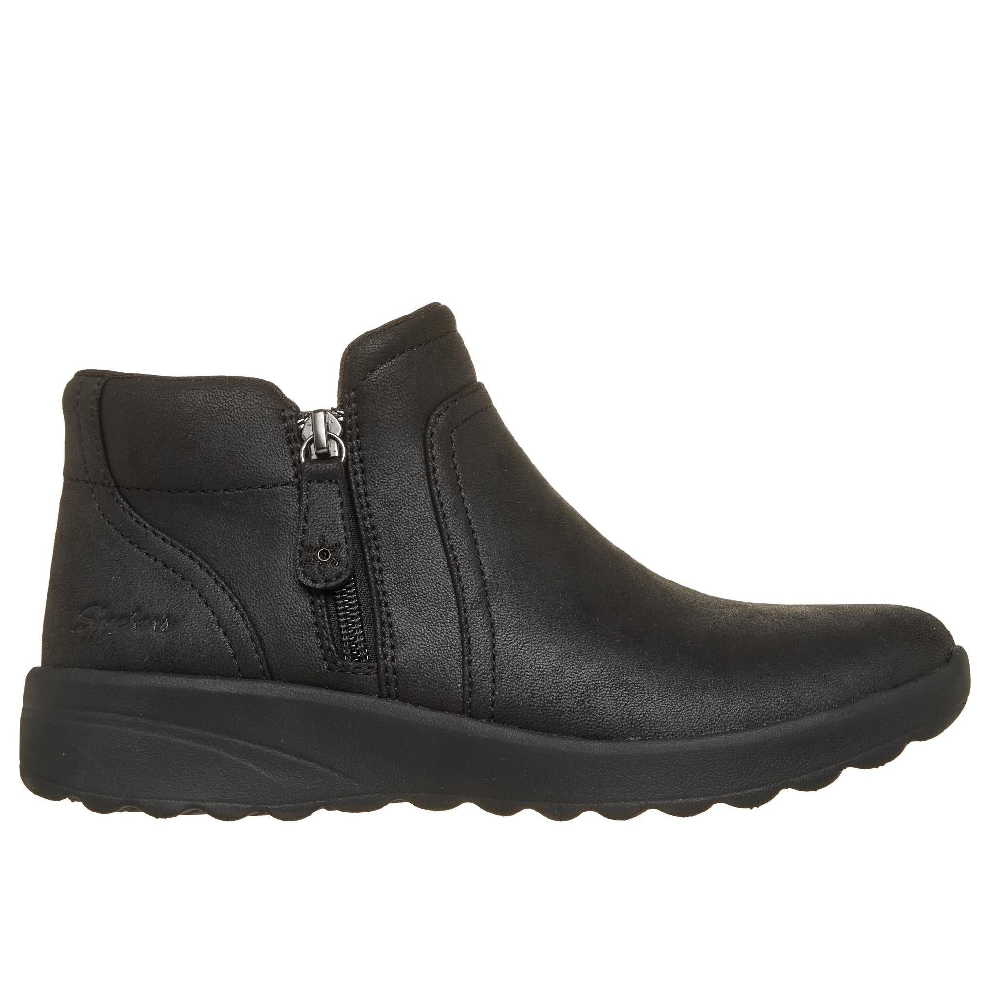 Skechers 159637 Lovely Vibe - Forever Mine Ladies Black Perform Tex Textile Ankle Boots, front three-quarter view.