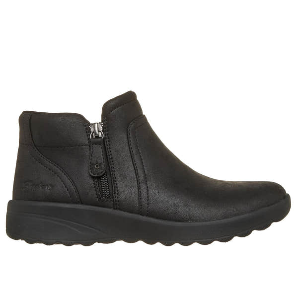Skechers 159637 Lovely Vibe - Forever Mine Ladies Black Perform Tex Textile Ankle Boots, front three-quarter view.