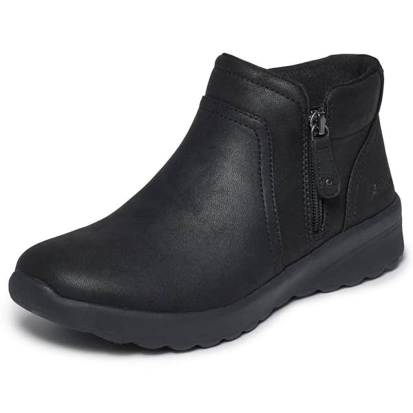 Skechers 159637 Lovely Vibe - Forever Mine Ladies Black Perform Tex Textile Ankle Boots, left side view.