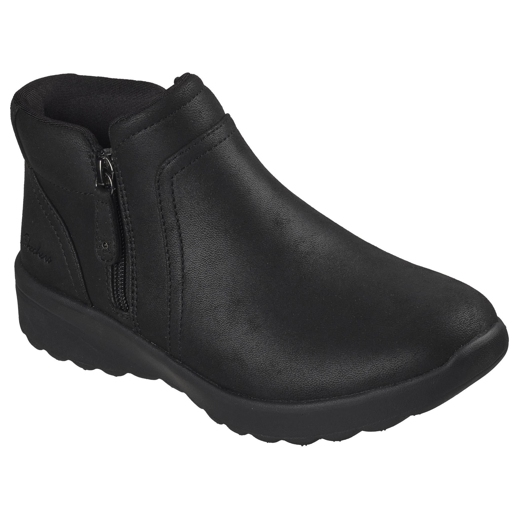 Skechers 159637 Lovely Vibe - Forever Mine Ladies Black Perform Tex Textile Ankle Boots, outer side view.