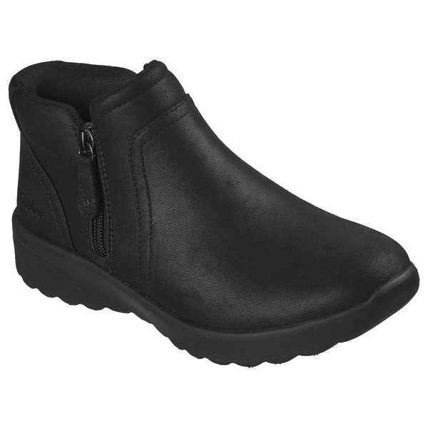 Skechers 159637 Lovely Vibe - Forever Mine Ladies Black Perform Tex Textile Ankle Boots, outer side view.
