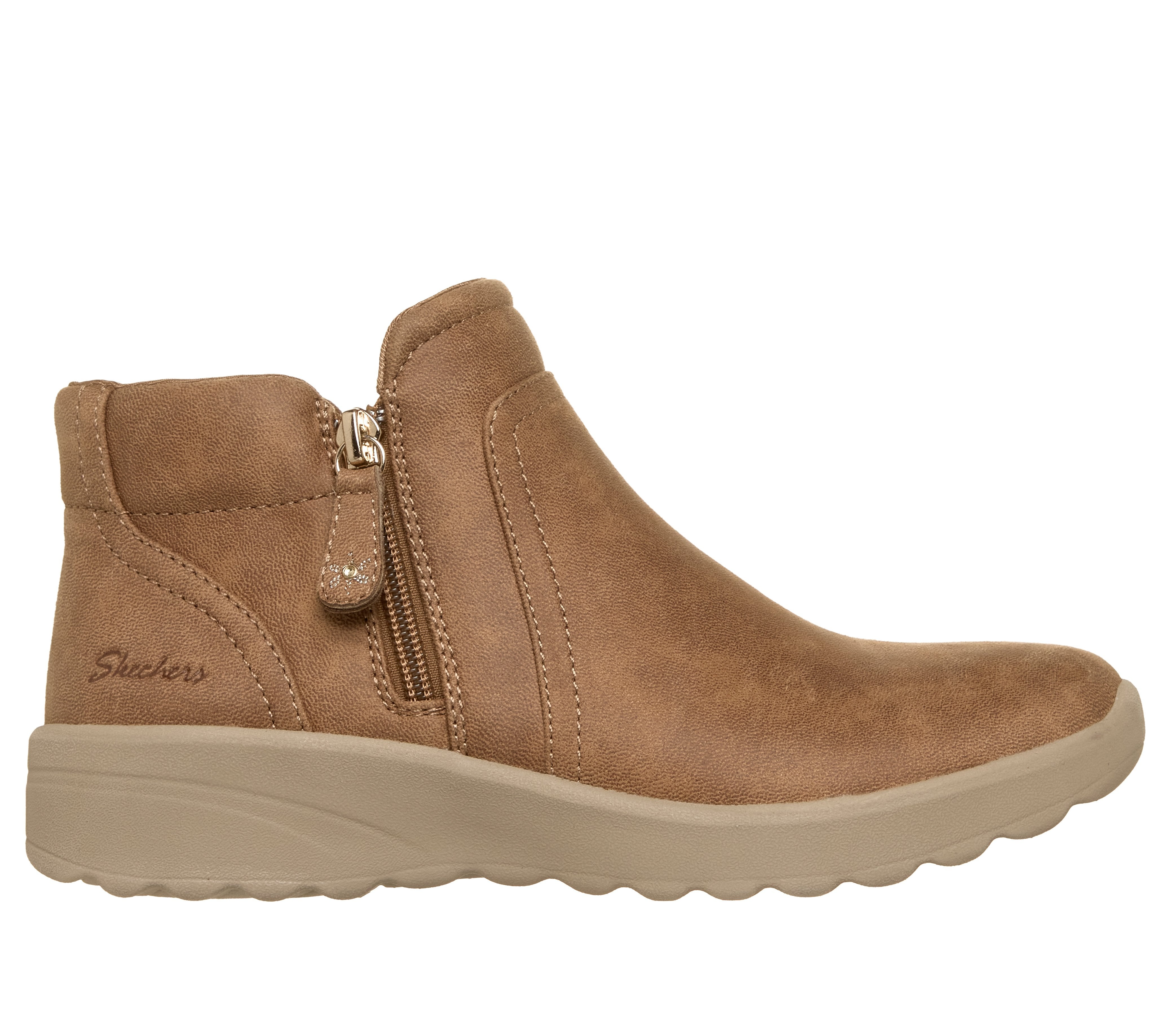 Skechers 159637 Lovely Vibe - Forever Mine Ladies Chestnut Perform Tex Textile Ankle Boots, front three-quarter view.