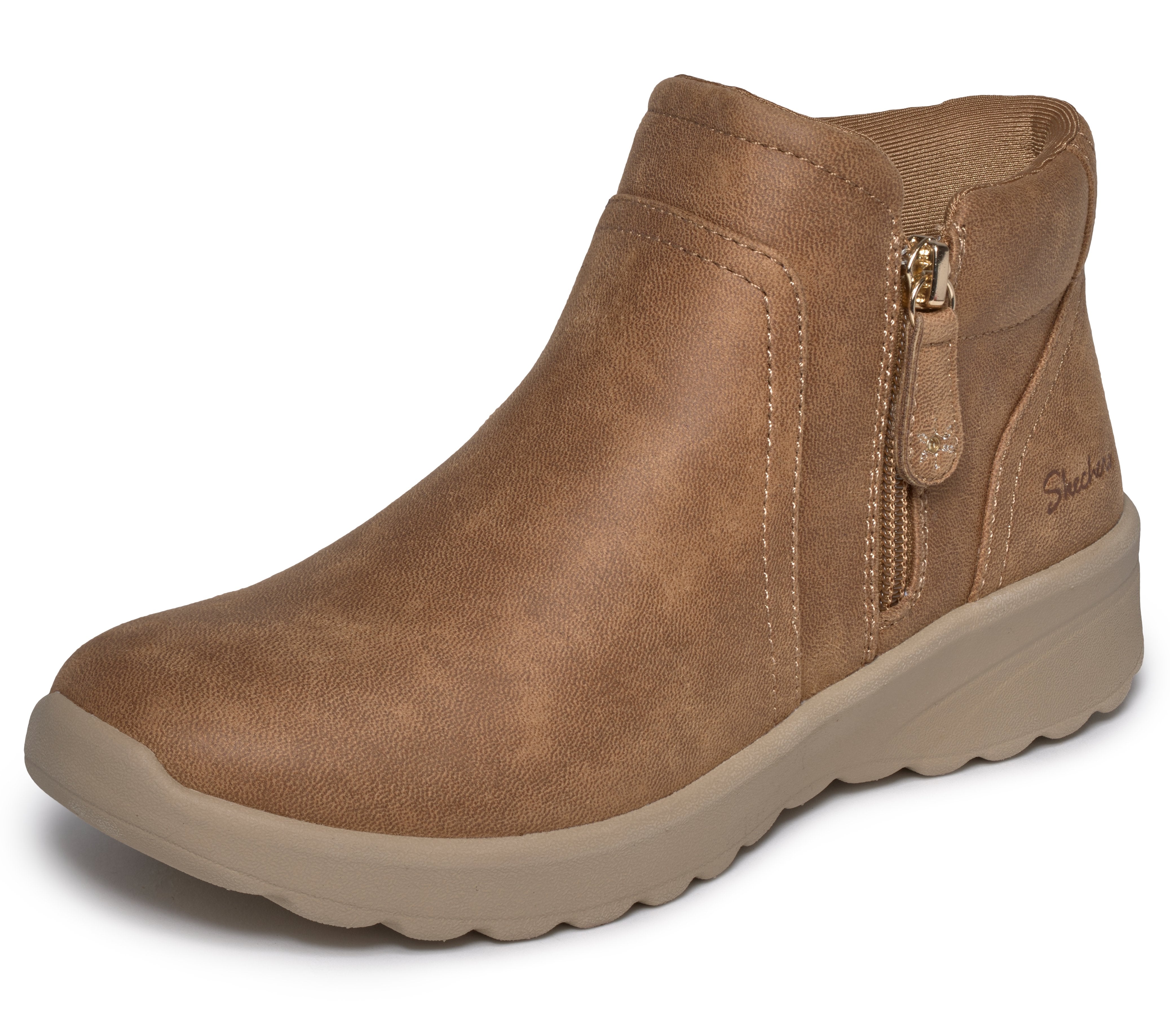 Skechers 159637 Lovely Vibe - Forever Mine Ladies Chestnut Perform Tex Textile Ankle Boots, left side view.
