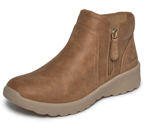 Skechers 159637 Lovely Vibe - Forever Mine Ladies Chestnut Perform Tex Textile Ankle Boots, left side view.
