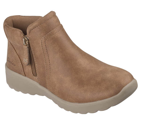 Skechers 159637 Lovely Vibe - Forever Mine Ladies Chestnut Perform Tex Textile Ankle Boots, outer side view.