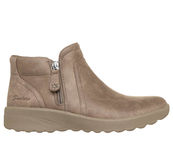 Skechers 159637 Lovely Vibe - Forever Mine Ladies Dark Taupe Perform Tex Textile Ankle Boots, front three-quarter view.