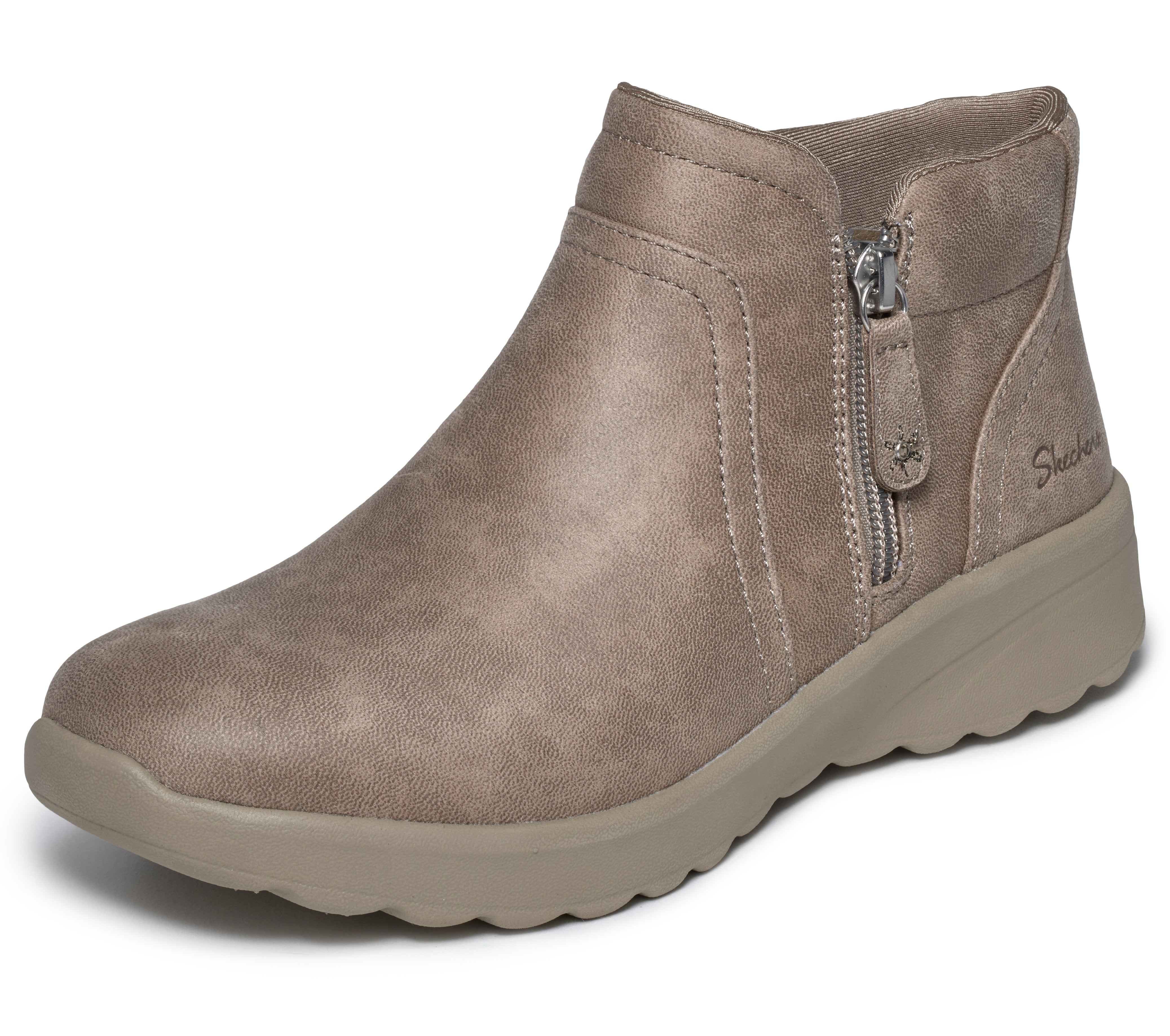 Skechers 159637 Lovely Vibe - Forever Mine Ladies Dark Taupe Perform Tex Textile Ankle Boots, left side view.