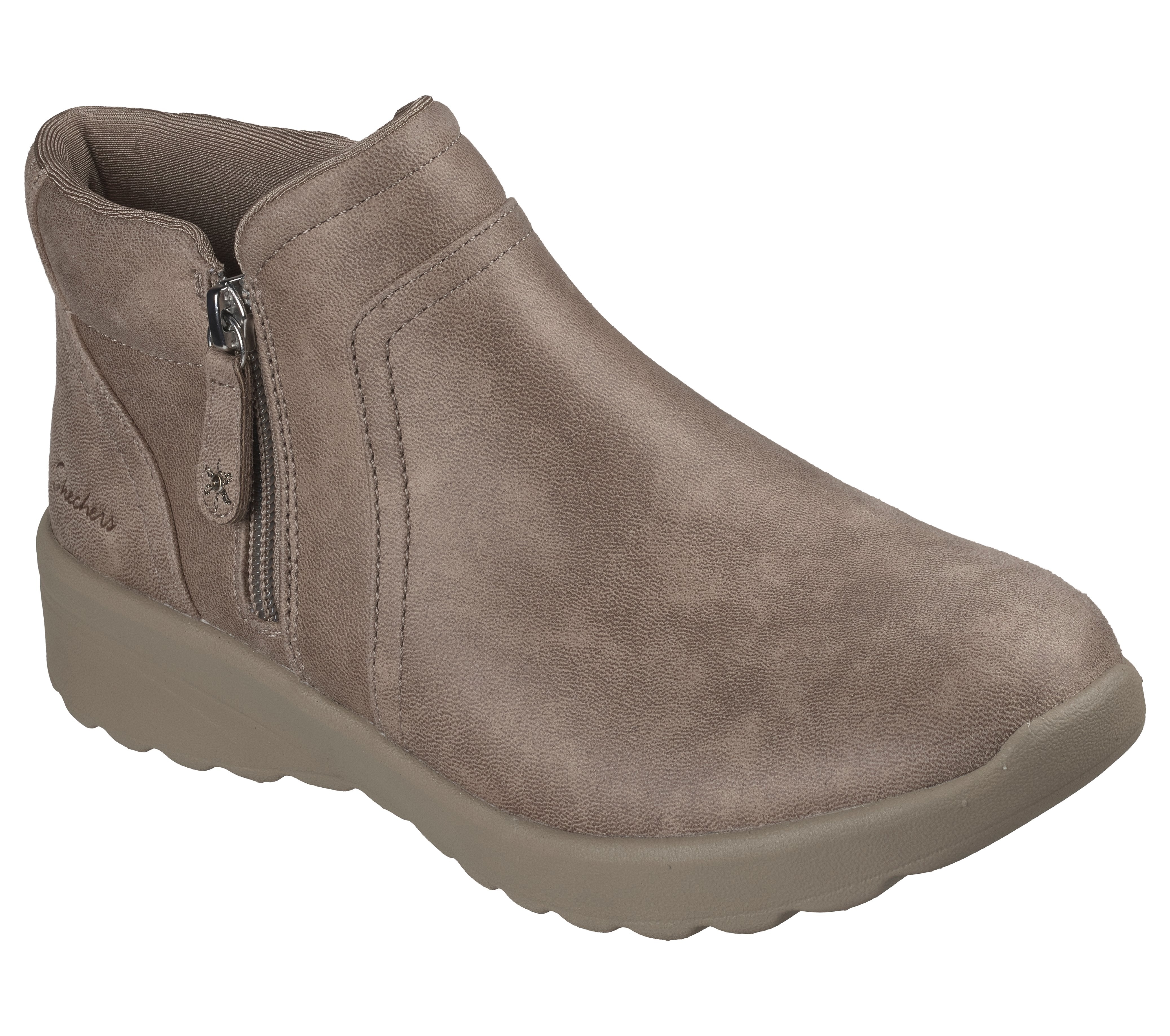 Skechers 159637 Lovely Vibe - Forever Mine Ladies Dark Taupe Perform Tex Textile Ankle Boots, outer side view.