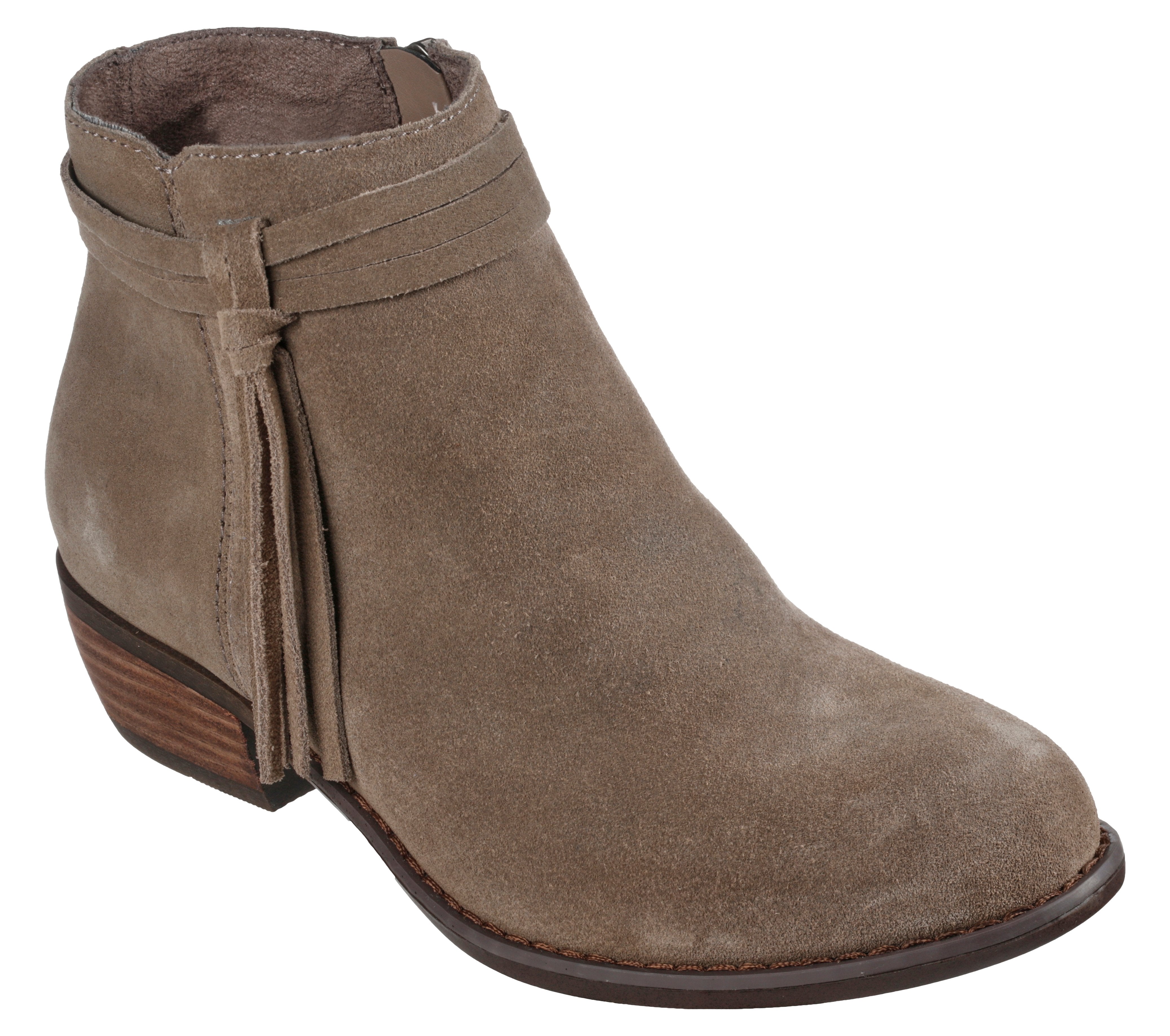 Skechers 167300 Texas - Modern Western Ladies Dark Taupe Leather Ankle Boots, outer side view.