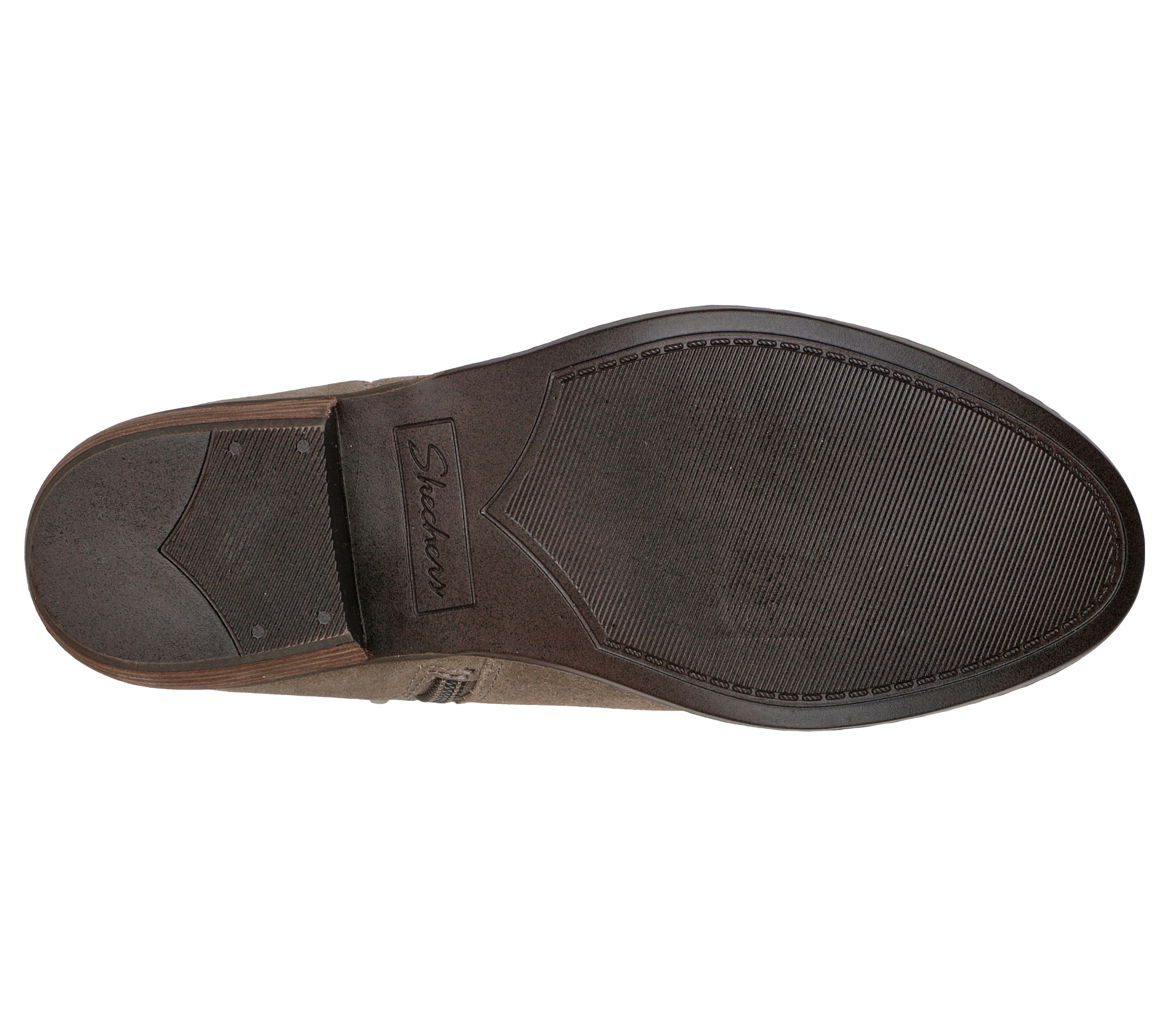 Skechers 167300 Texas - Modern Western Ladies Dark Taupe Leather Ankle Boots, sole and tread view.