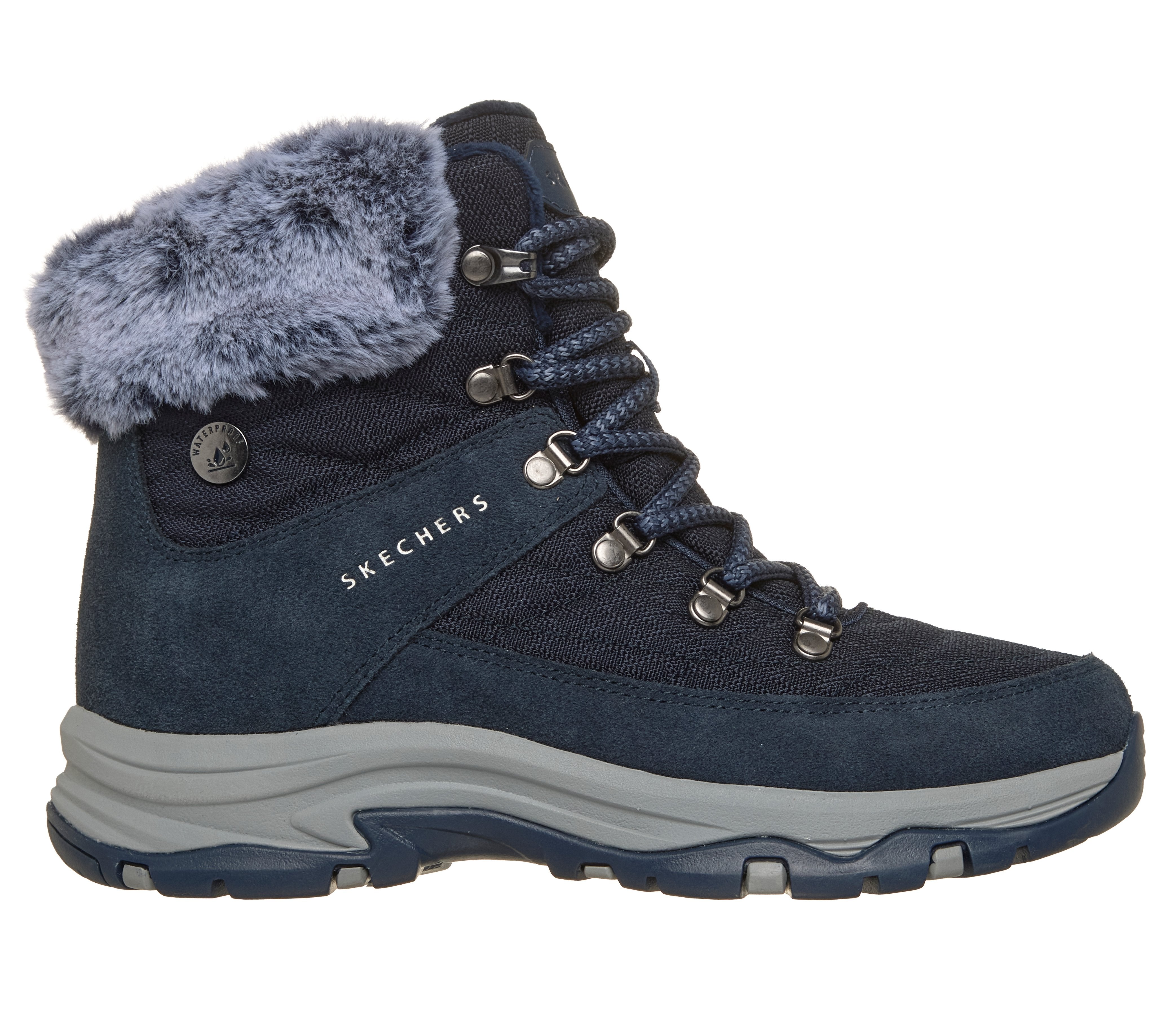 Skechers 167886 Trego - Stormie Frost Ladies Navy Leather Ankle Boots, front three-quarter view.