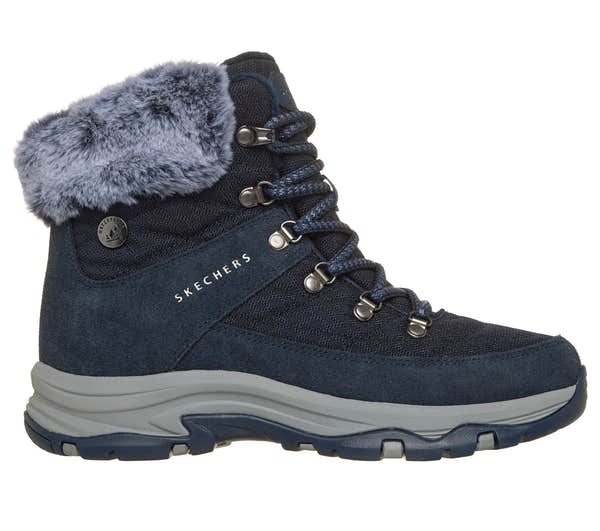 Skechers 167886 Trego - Stormie Frost Ladies Navy Leather Ankle Boots, front three-quarter view.