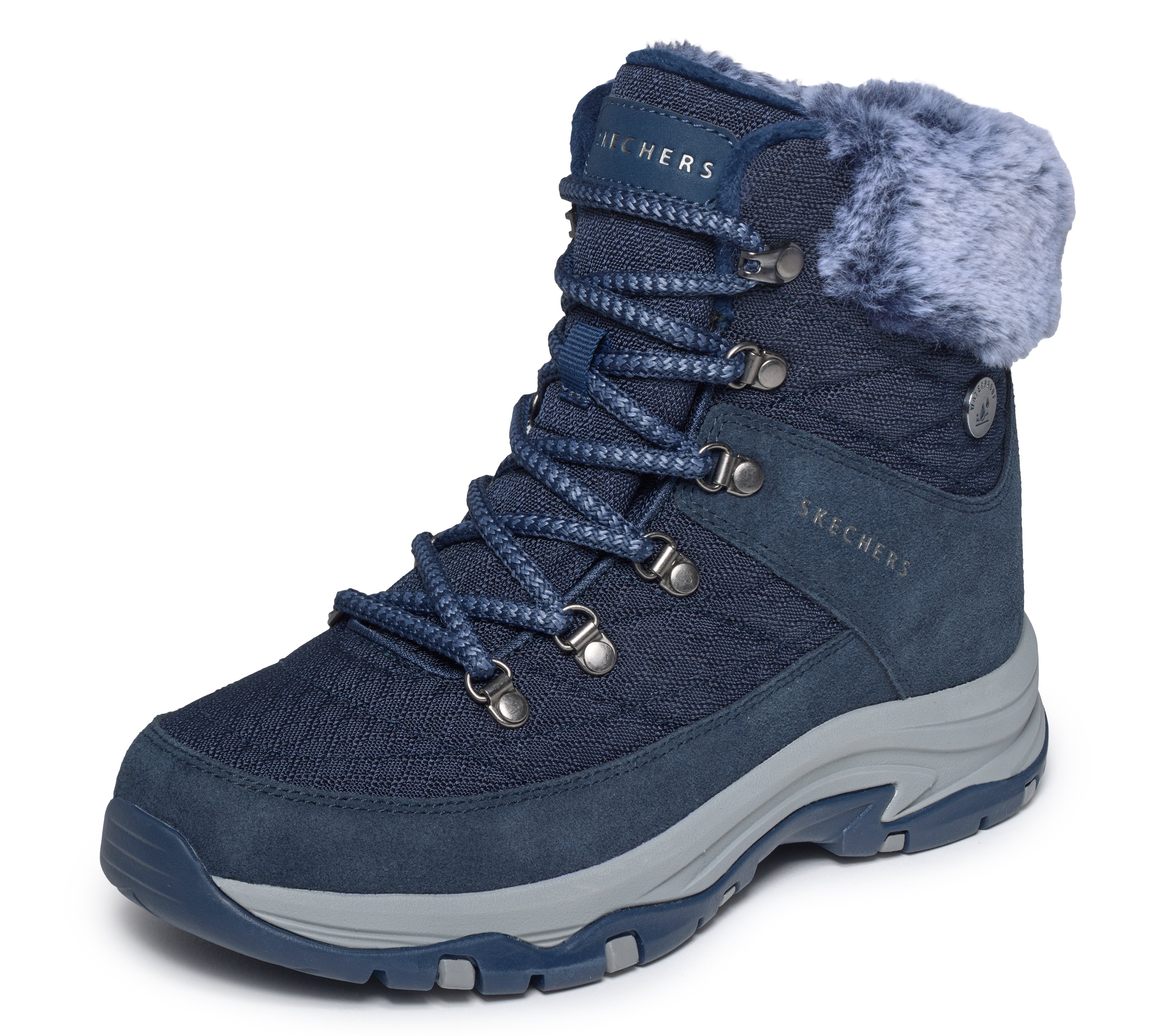 Skechers 167886 Trego - Stormie Frost Ladies Navy Leather Ankle Boots, left side view.