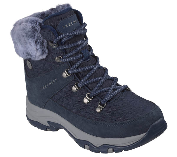 Skechers 167886 Trego - Stormie Frost Ladies Navy Leather Ankle Boots, outer side view.