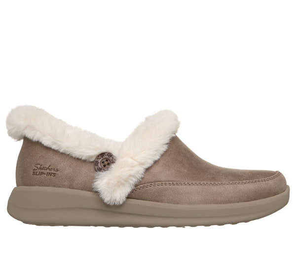 Skechers 168114 Cozy Escape Ladies Taupe Textile Slippers, front three-quarter view.